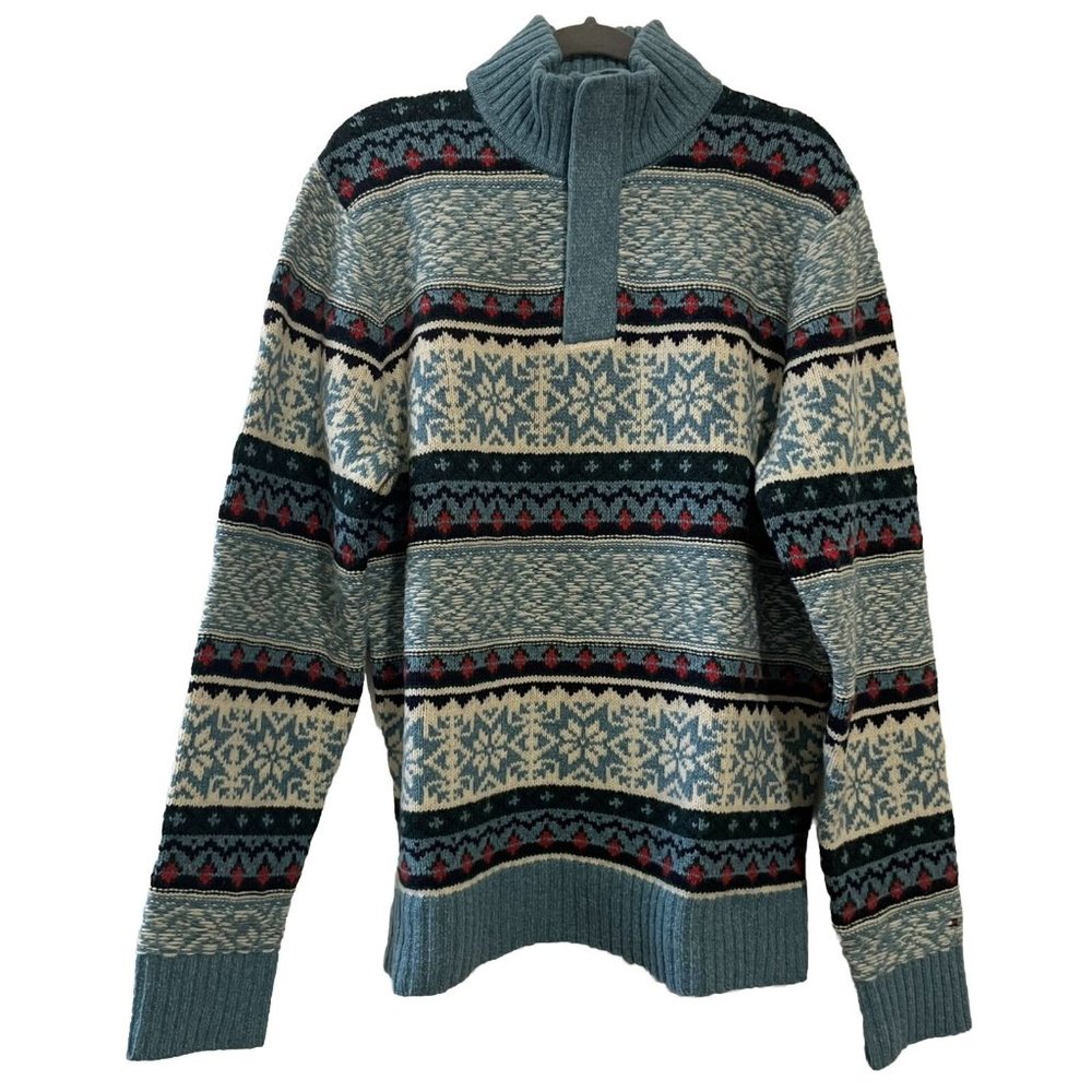 Tommy Hilfiger Blue Snowflake Lambswool 1/4 Zip Pullover  Sweater Jacket Men XL